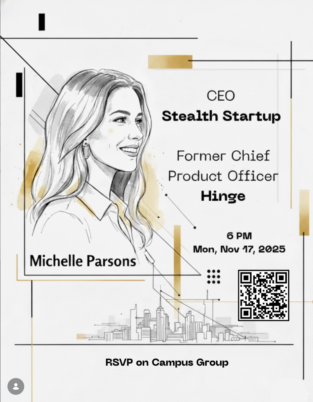 Event flyer illustration announcing a fireside chat with a former Chief Product Officer of Hinge, hosted by Columbia Business School's CEO club.