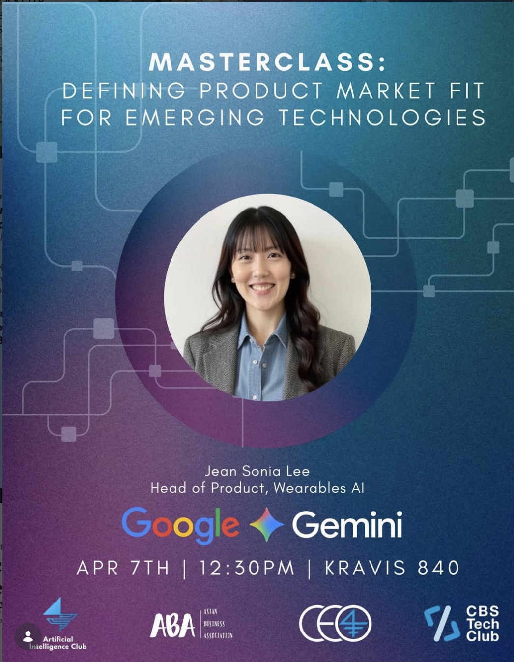 Event flyer for a masterclass on defining product-market fit for emerging technologies, featuring a Google Gemini Head of Product.