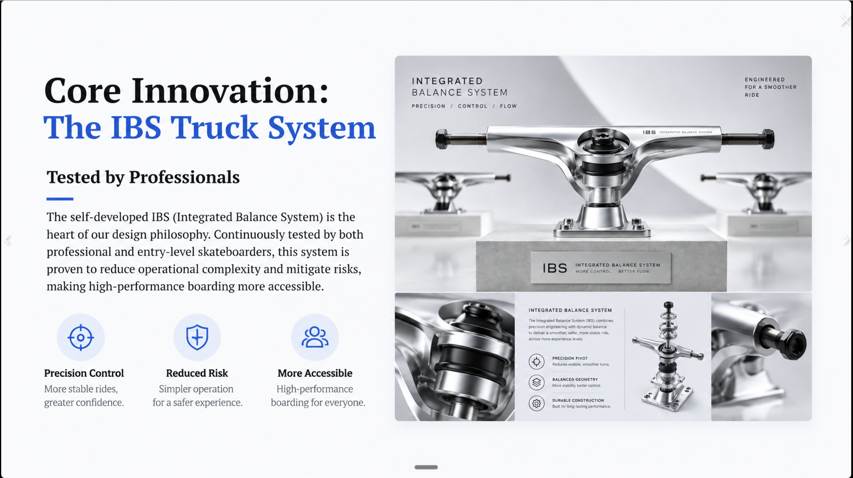 Slide titled Core Innovation: The IBS Truck System, describing HIII's self-developed Integrated Balance System for skateboard trucks.