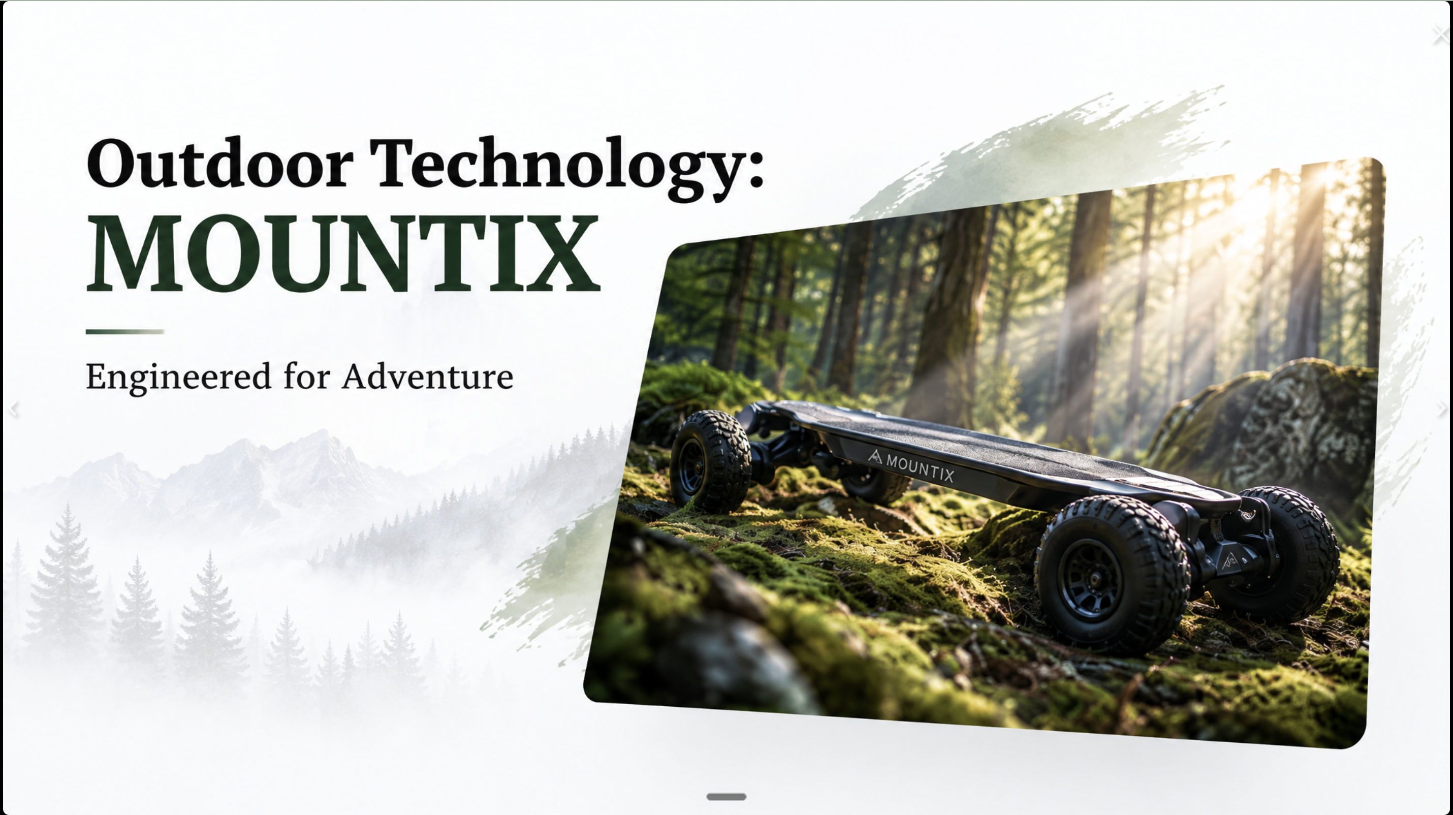 Marketing slide titled Outdoor Technology: Mountix, Engineered for Adventure, showing the electric skateboard in a forest setting.