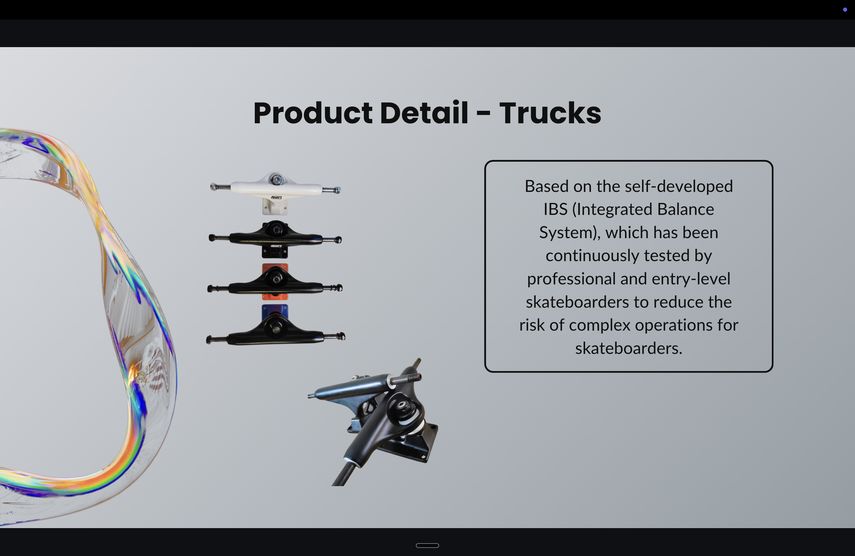 Slide titled Product Detail: Trucks, showing HIII's skateboard truck hardware in white, black, and two colorways, plus the motor mount assembly.