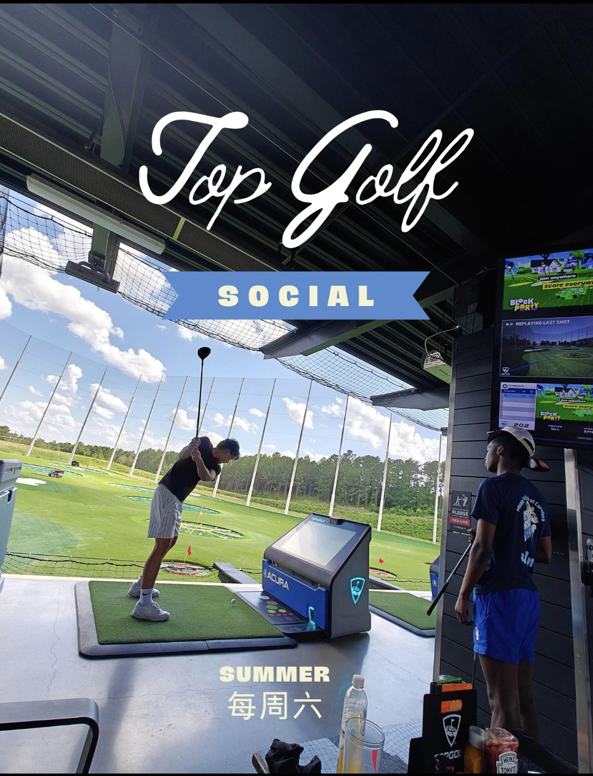 Instagram story announcing an HIII Top Golf social event, with two people at a driving range.