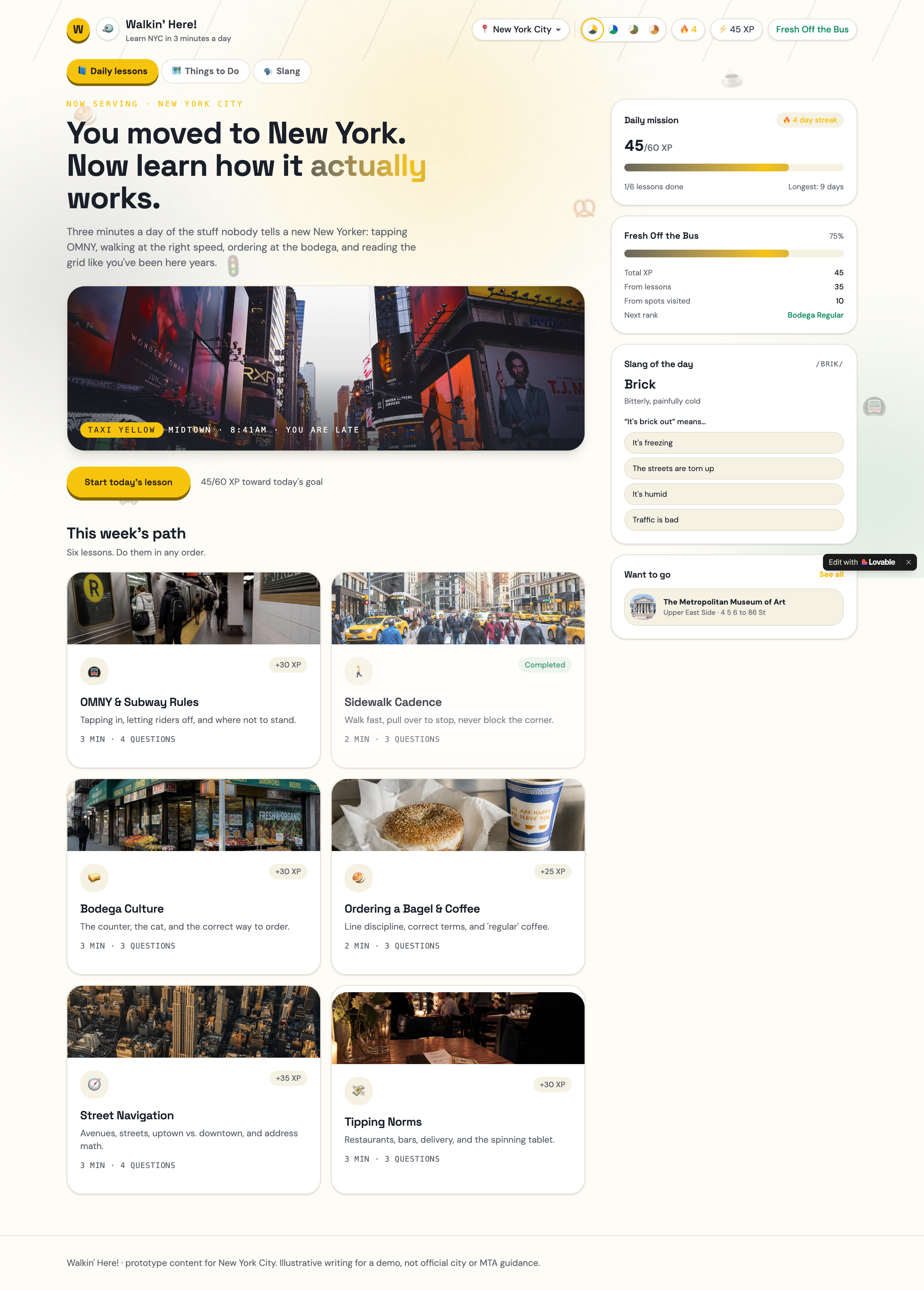 Screenshot of the Walkin' Here app interface showing daily NYC-survival lessons and streak progress.